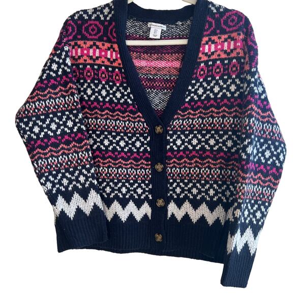 Cupcakes & Cashmere Faire Isle Button Cardigan Pink & Navy Size S - Picture 1 of 6